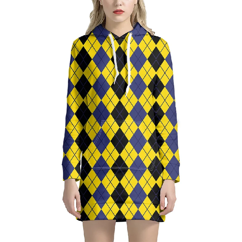 Black Blue And Yellow Argyle Print Pullover Hoodie Dress