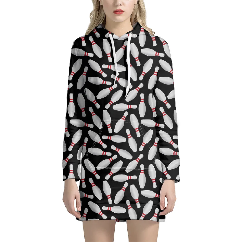 Black Bowling Pins Pattern Print Pullover Hoodie Dress