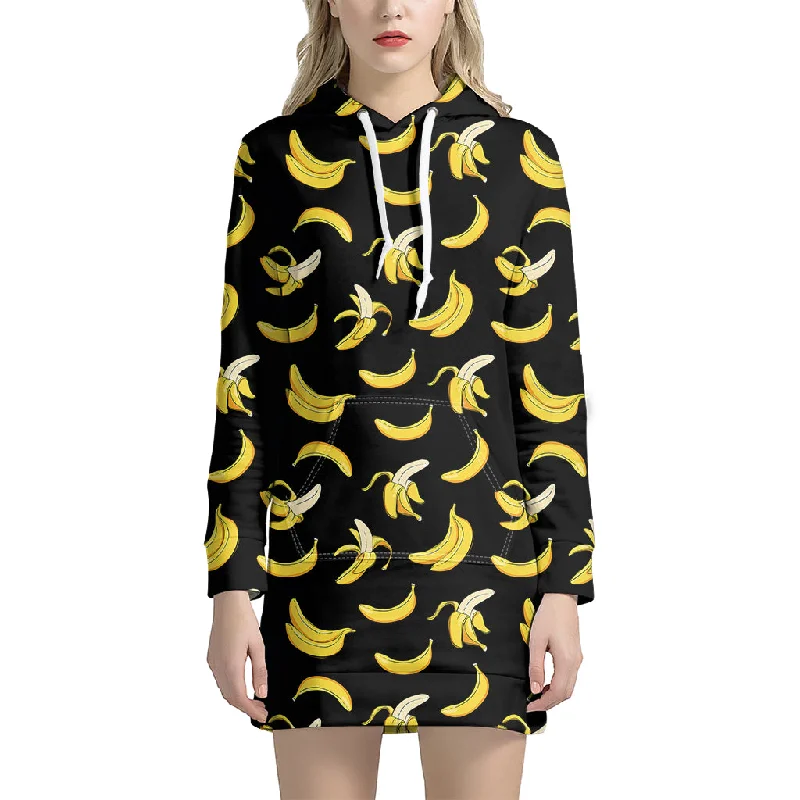 Black Cartoon Banana Pattern Print Pullover Hoodie Dress