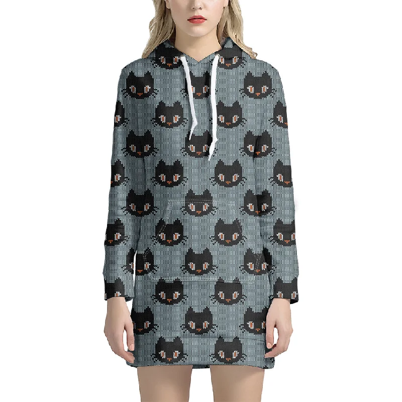 Black Cat Knitted Pattern Print Pullover Hoodie Dress
