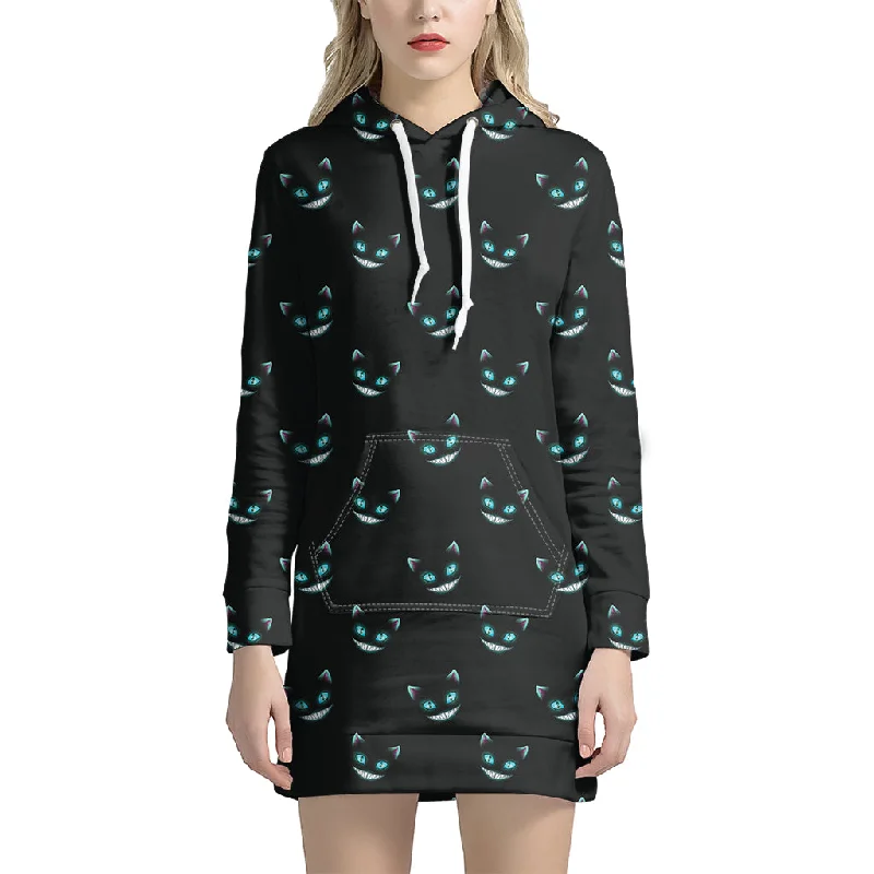Black Cheshire Cat Pattern Print Pullover Hoodie Dress