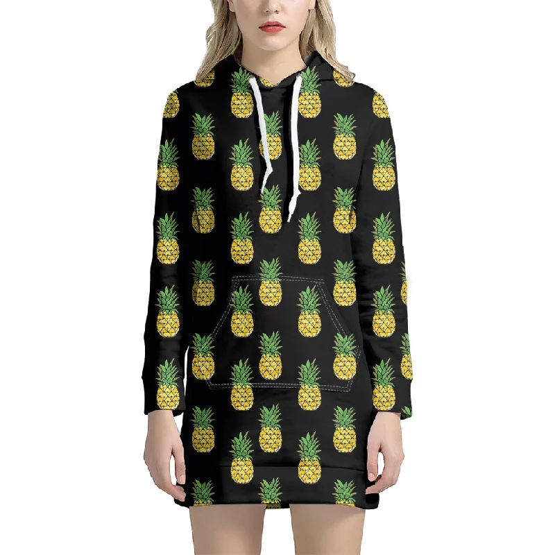 Black Cute Pineapple Pattern Print Pullover Hoodie Dress