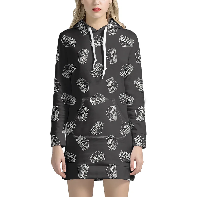 Black Doodle Sandwich Pattern Print Pullover Hoodie Dress