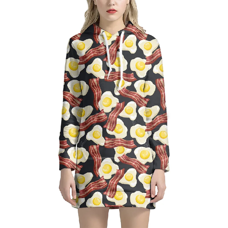 Black Fried Egg And Bacon Pattern Print Pullover Hoodie Dress
