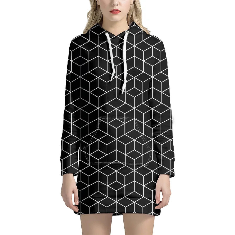 Black Geometric Cube Shape Pattern Print Pullover Hoodie Dress
