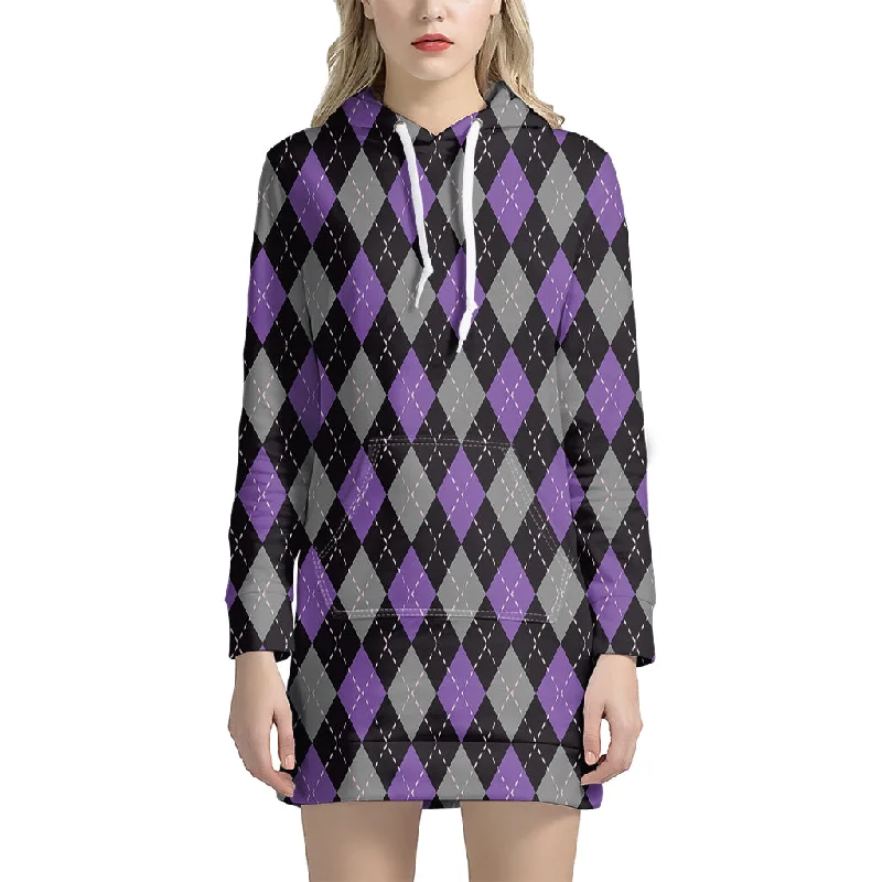 Black Grey And Purple Argyle Print Pullover Hoodie Dress