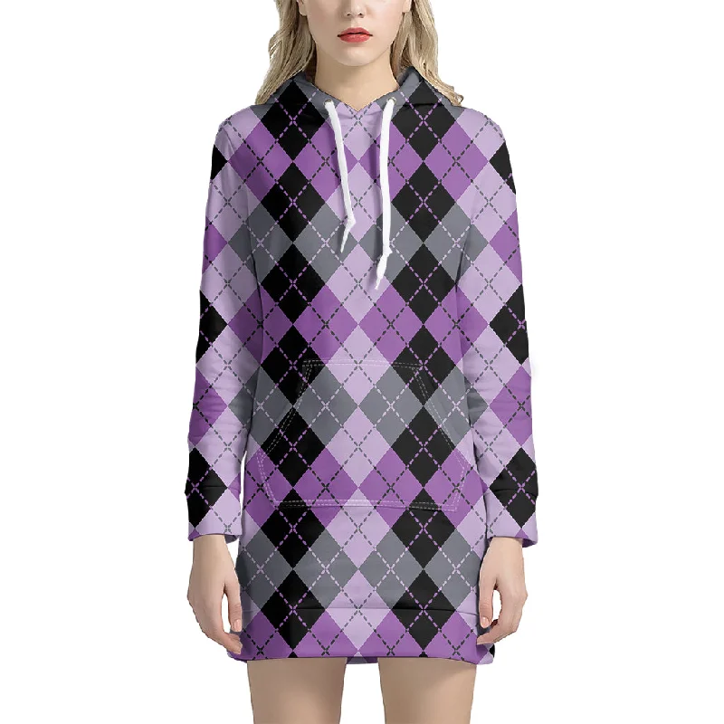 Black Grey And Violet Argyle Print Pullover Hoodie Dress
