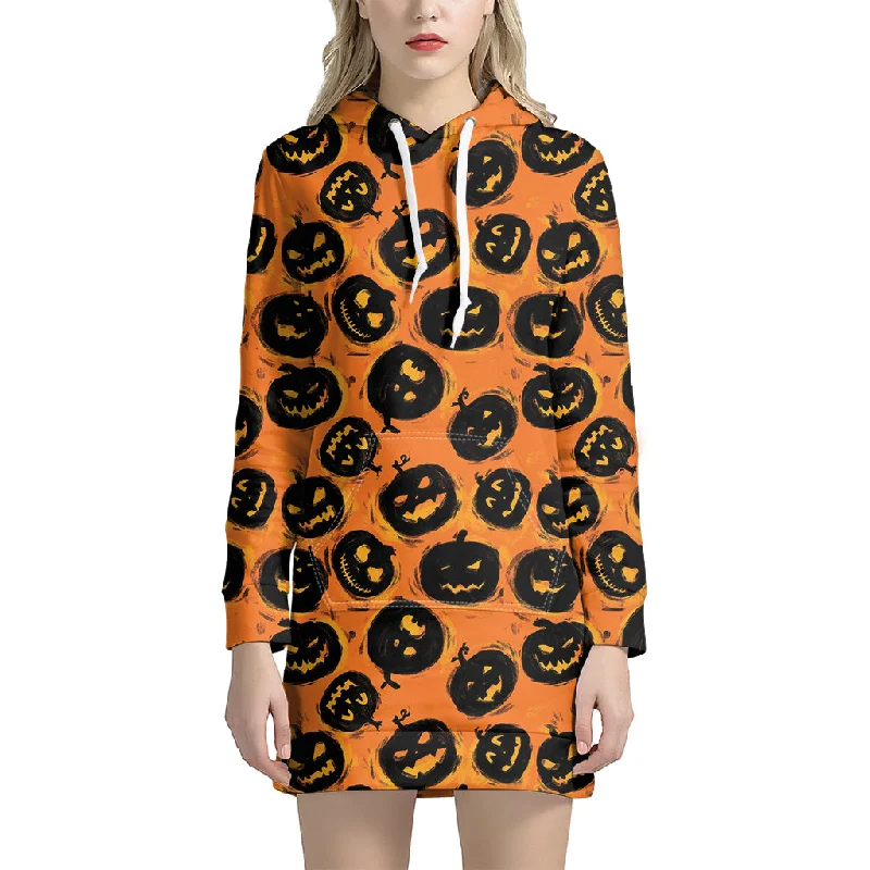 Black Halloween Pumpkin Pattern Print Pullover Hoodie Dress