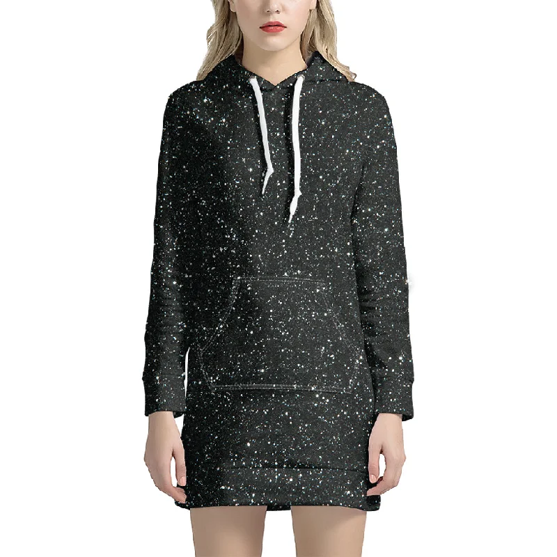 Black (NOT Real) Glitter Print Pullover Hoodie Dress