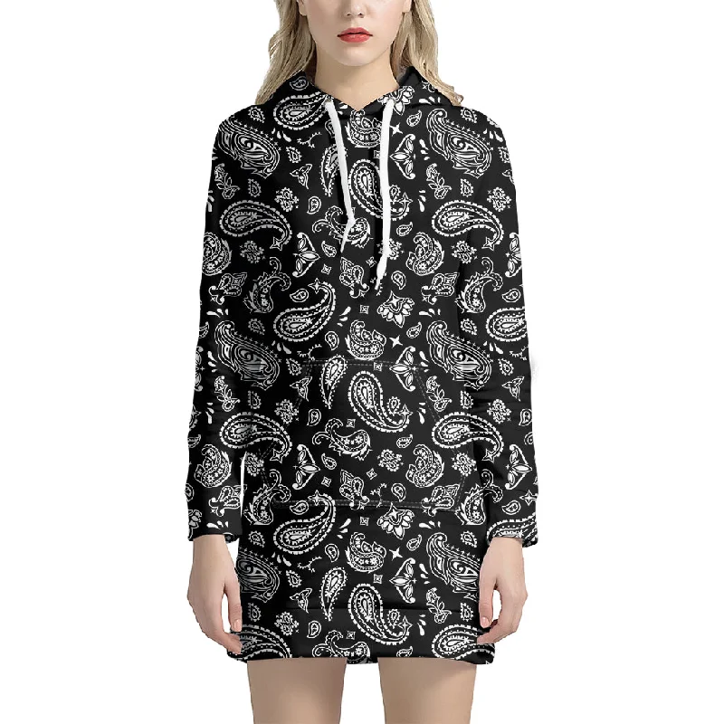 Black Paisley Bandana Pattern Print Pullover Hoodie Dress