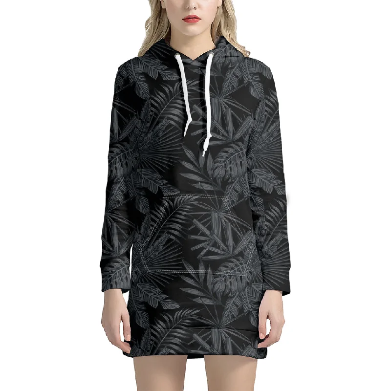 Black Palm Leaf Aloha Pattern Print Pullover Hoodie Dress