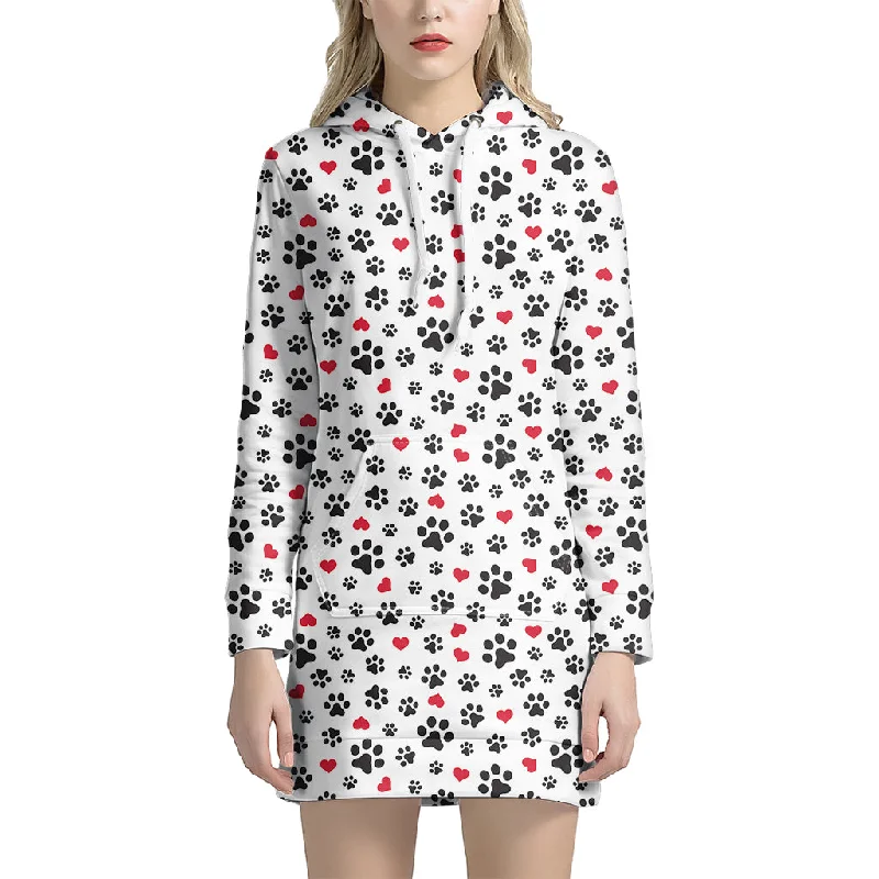 Black Paw And Heart Pattern Print Pullover Hoodie Dress