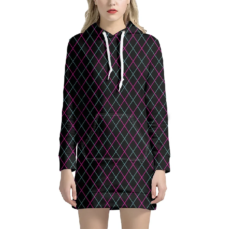 Black Pink And Blue Argyle Pattern Print Pullover Hoodie Dress