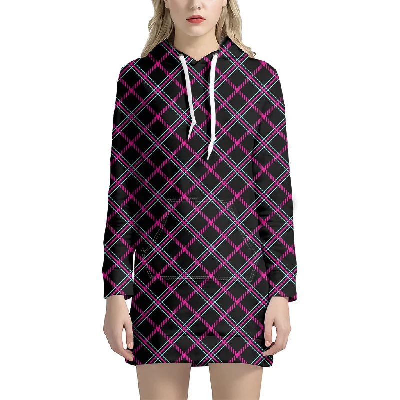 Black Pink And Blue Tartan Pattern Print Pullover Hoodie Dress