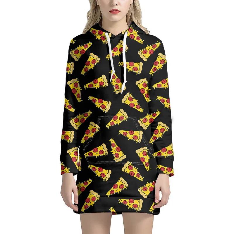 Black Pizza Pattern Print Pullover Hoodie Dress