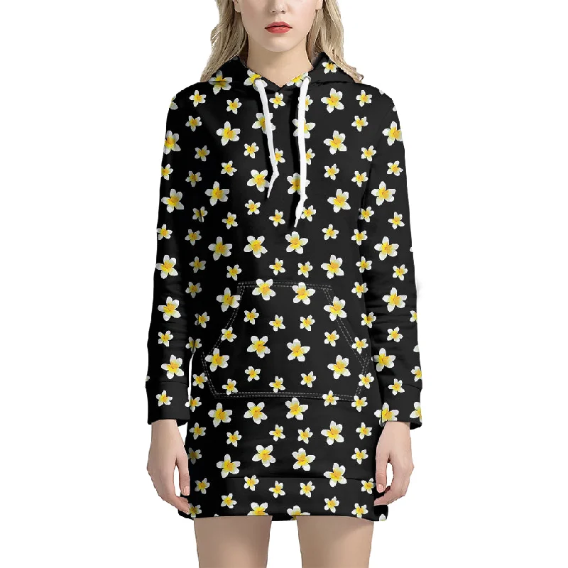 Black Plumeria Flower Pattern Print Pullover Hoodie Dress