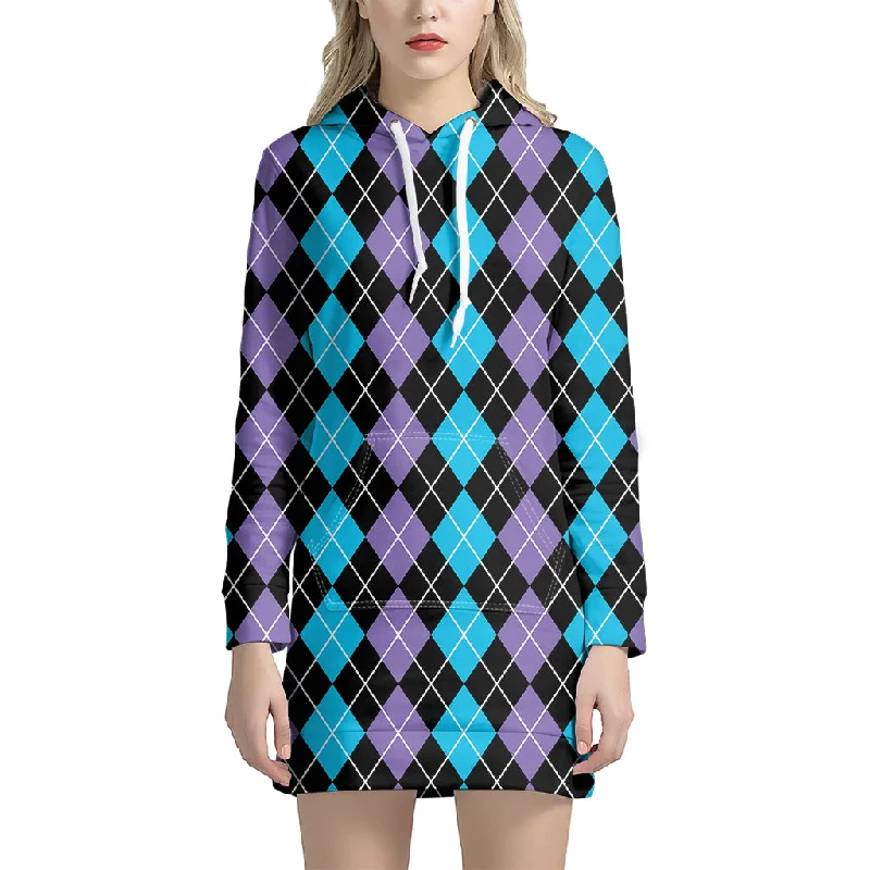Black Purple And Blue Argyle Print Pullover Hoodie Dress