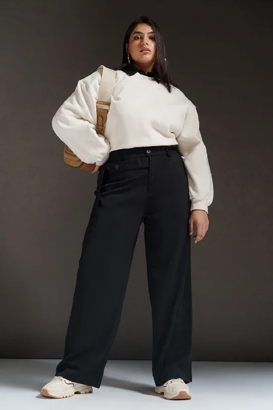 Black Quill Curve Strap Detailed Korean Pants Cozy Fitted Pants