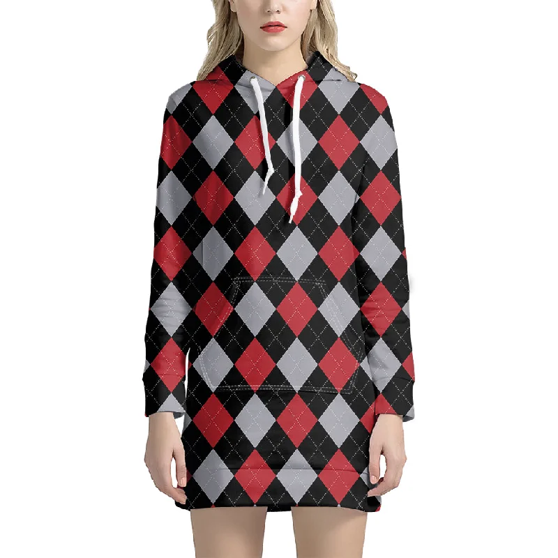 Black Red And Grey Argyle Pattern Print Pullover Hoodie Dress