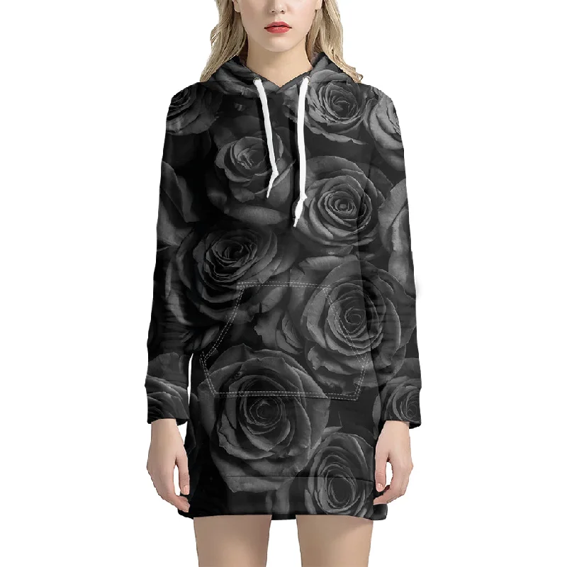 Black Rose Print Pullover Hoodie Dress