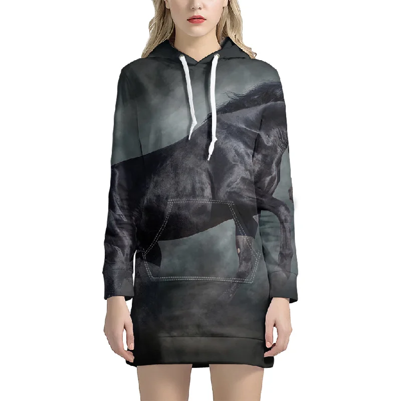 Black Stallion Horse Print Pullover Hoodie Dress