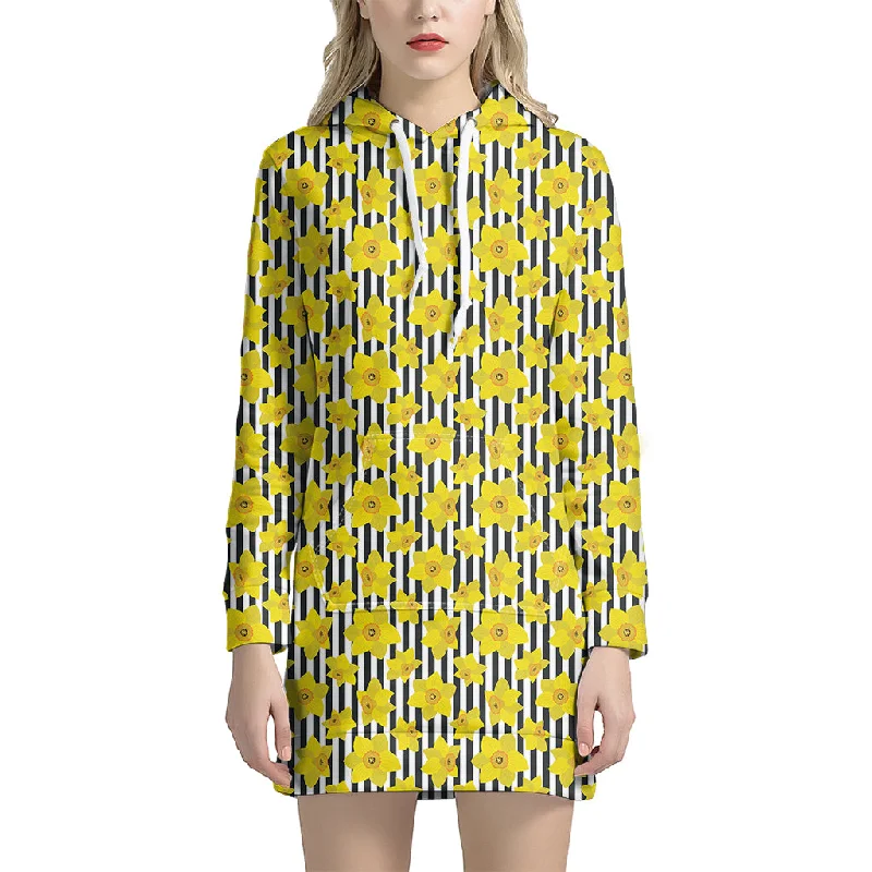 Black Striped Daffodil Pattern Print Pullover Hoodie Dress