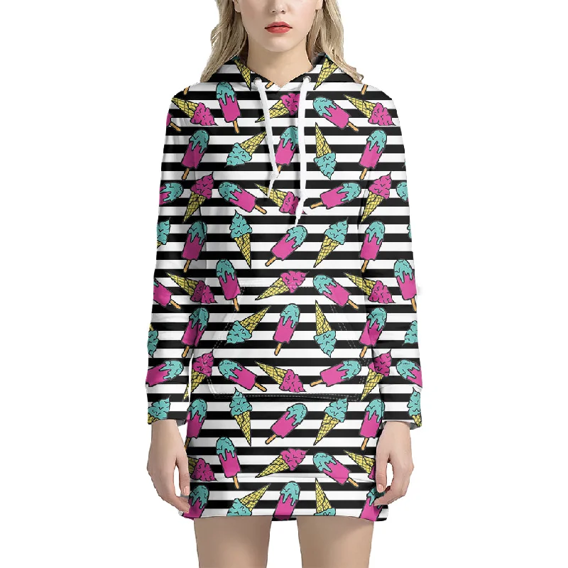 Black Striped Ice Cream Pattern Print Pullover Hoodie Dress