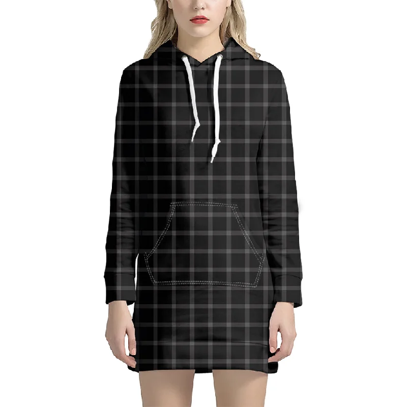 Black Tattersall Pattern Print Pullover Hoodie Dress