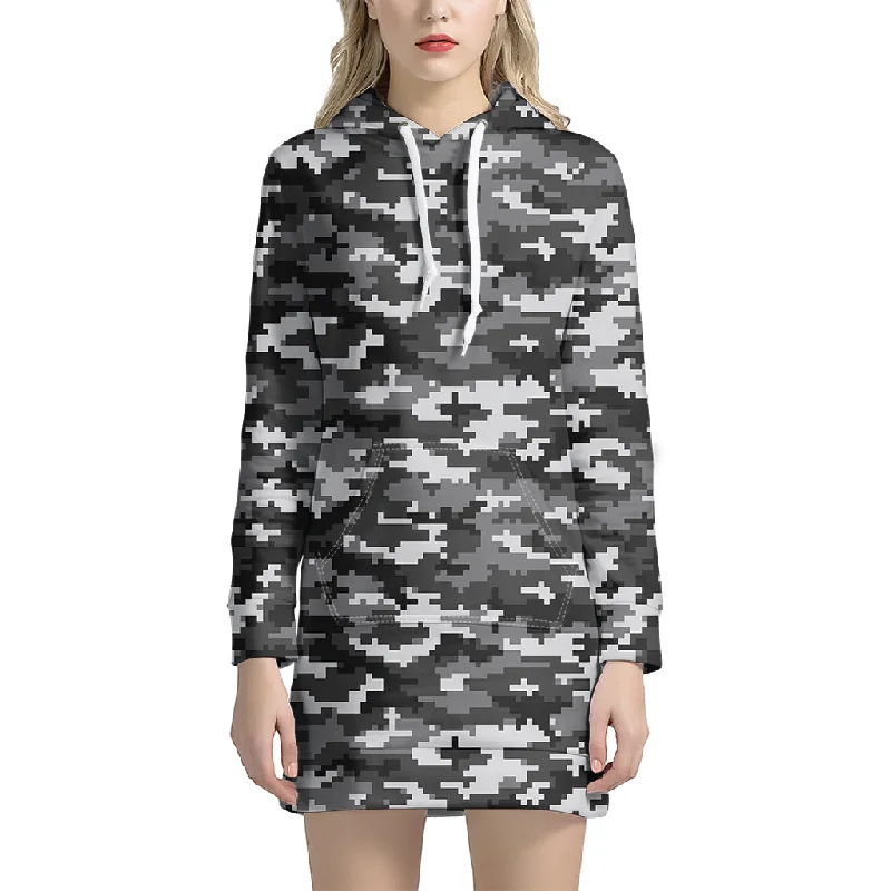 Black White And Grey Digital Camo Print Pullover Hoodie Dress