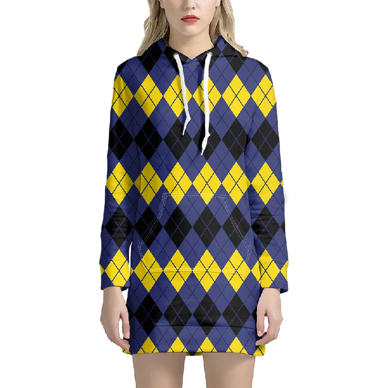 Black Yellow And Blue Argyle Print Pullover Hoodie Dress