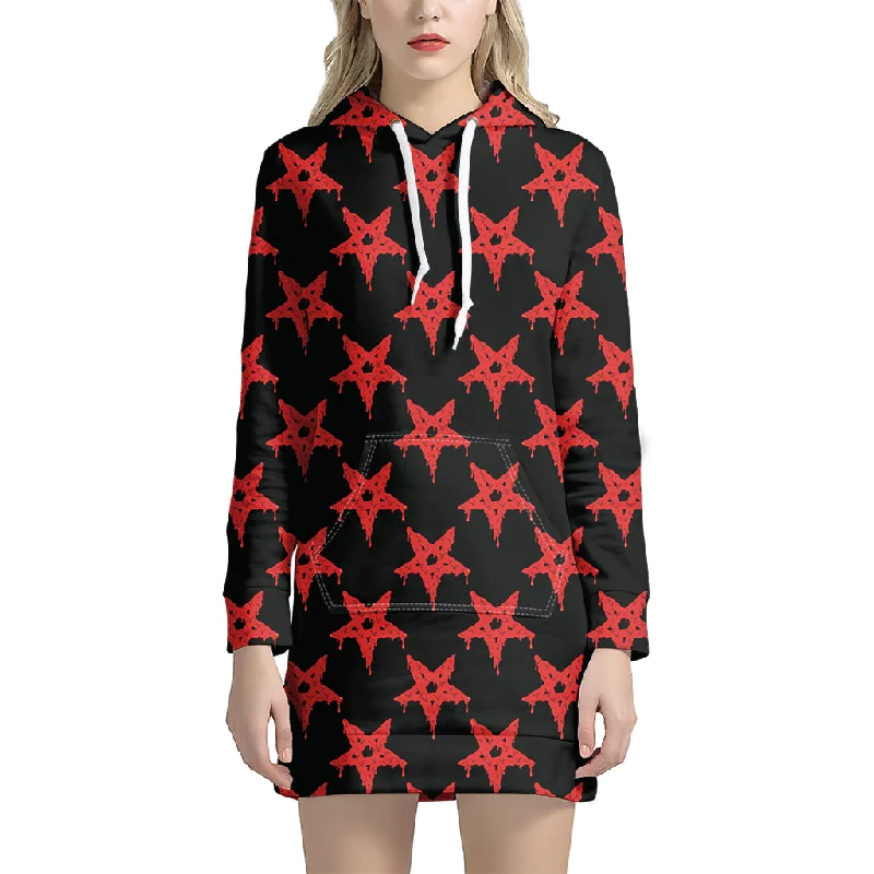 Bloody Satanic Pentagram Pattern Print Pullover Hoodie Dress