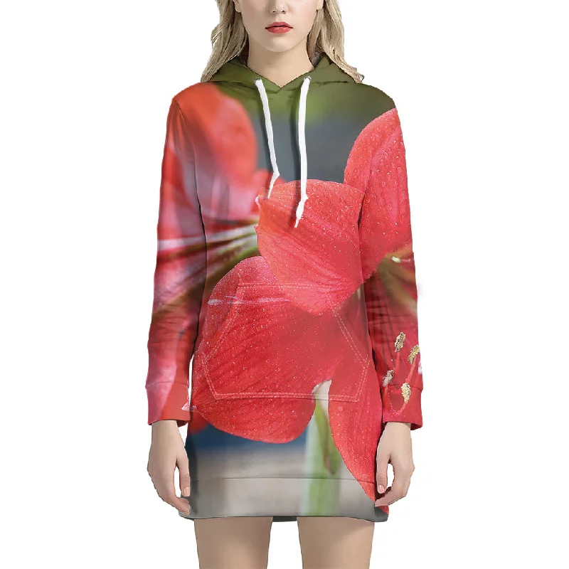 Blooming Amaryllis Print Pullover Hoodie Dress