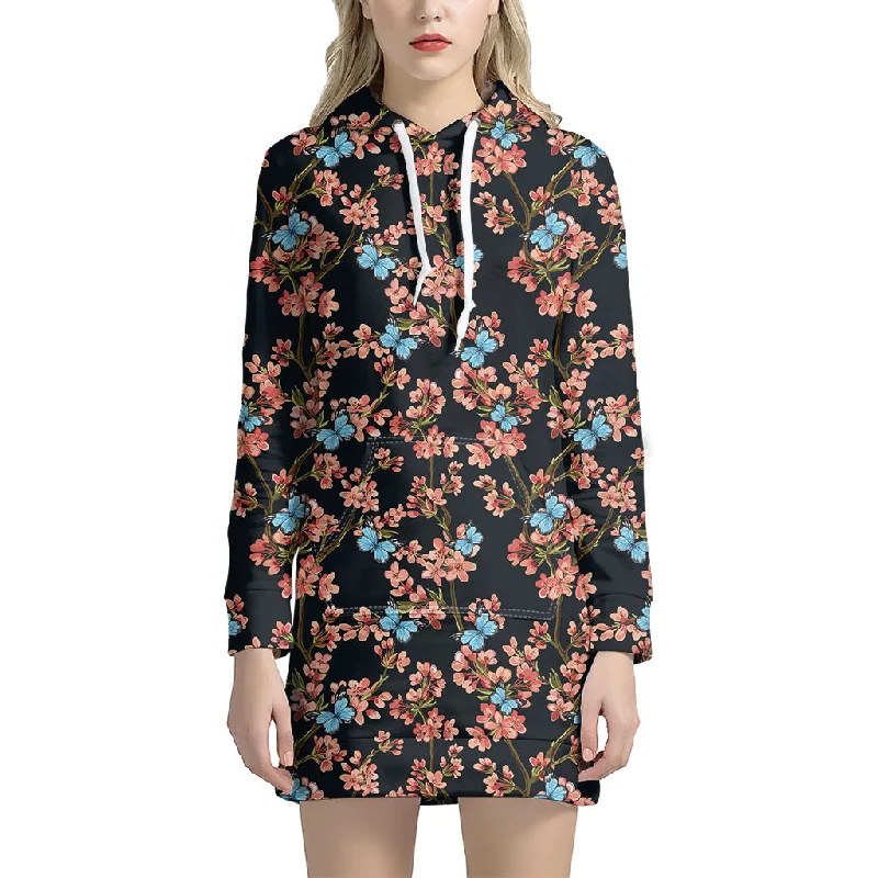 Blossom Flower Butterfly Print Pullover Hoodie Dress