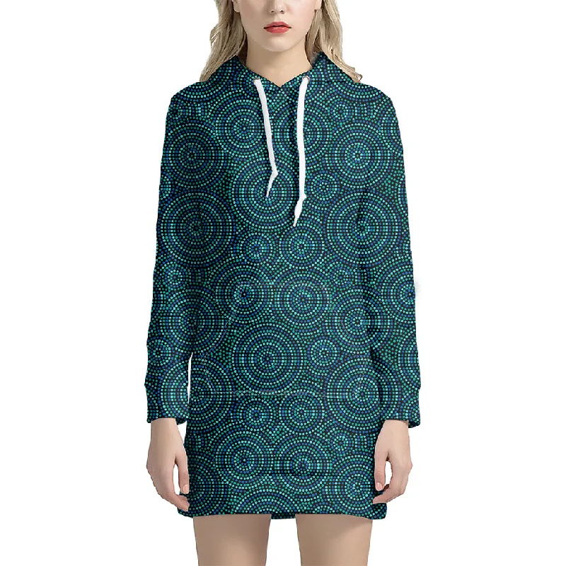 Blue Aboriginal Dot Pattern Print Pullover Hoodie Dress