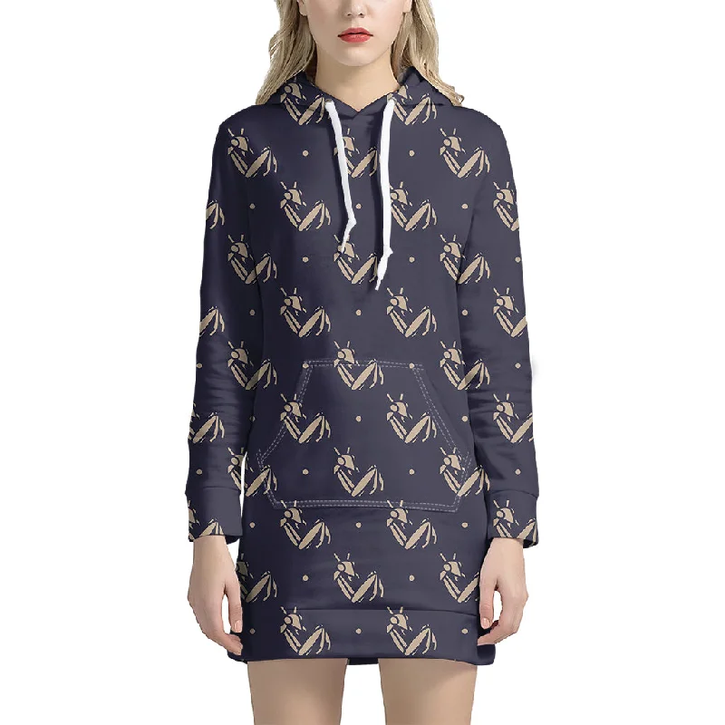 Blue And Beige Mantis Pattern Print Pullover Hoodie Dress