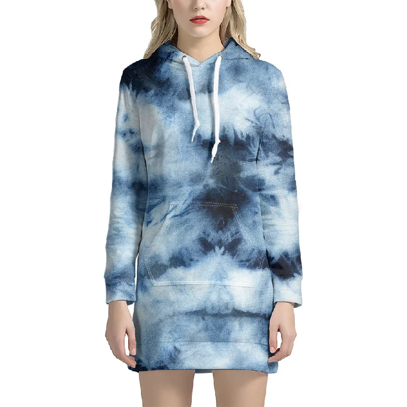 Blue And Black Acid Wash Tie Dye Print Pullover Hoodie Dress