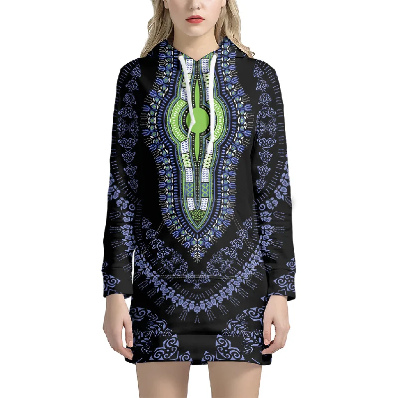 Blue And Black African Dashiki Print Pullover Hoodie Dress
