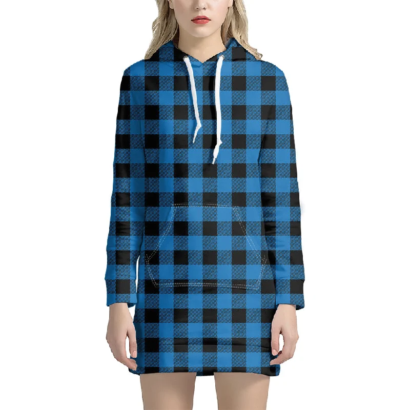 Blue And Black Buffalo Check Print Pullover Hoodie Dress
