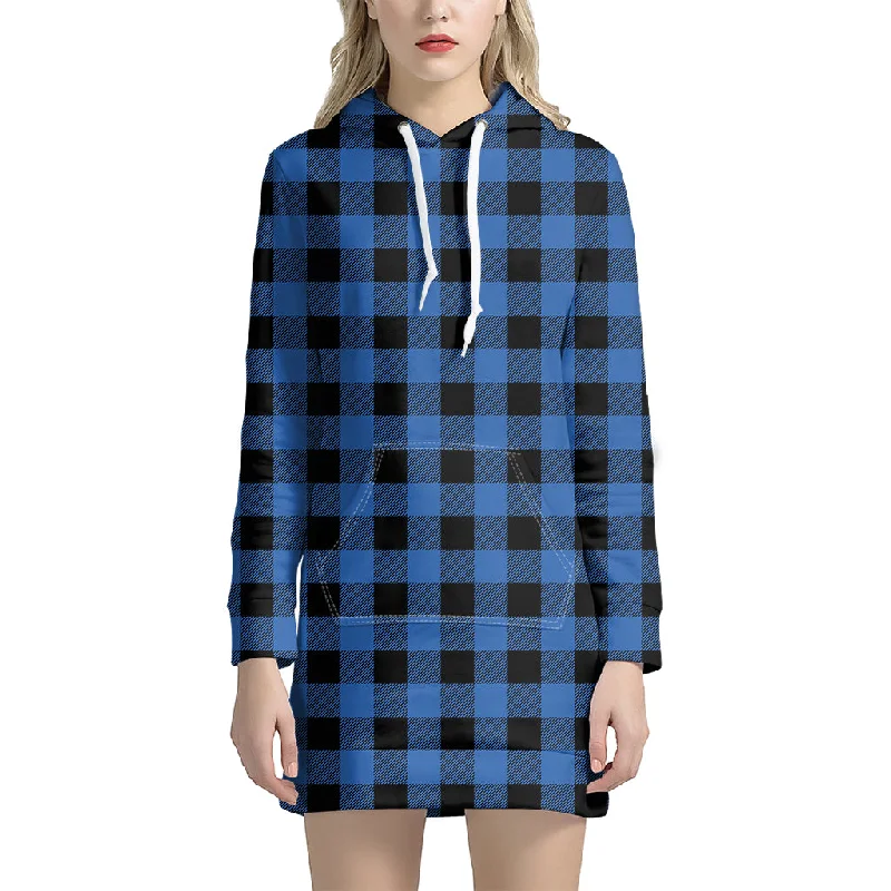 Blue And Black Buffalo Plaid Print Pullover Hoodie Dress