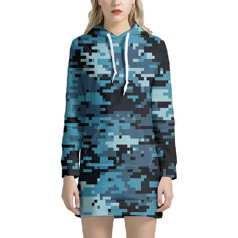 Blue And Black Digital Camo Print Pullover Hoodie Dress