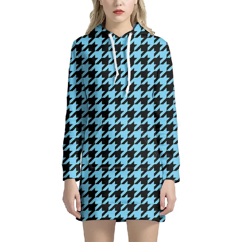 Blue And Black Houndstooth Pattern Print Pullover Hoodie Dress