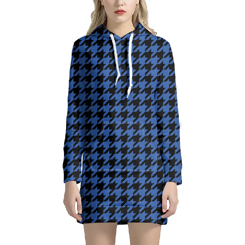 Blue And Black Houndstooth Print Pullover Hoodie Dress