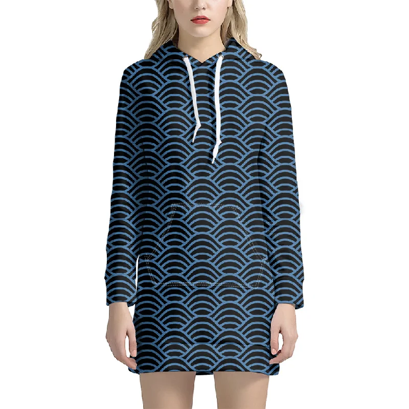 Blue And Black Japanese Pattern Print Pullover Hoodie Dress