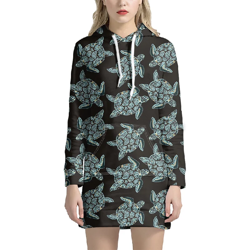 Blue And Black Sea Turtle Pattern Print Pullover Hoodie Dress