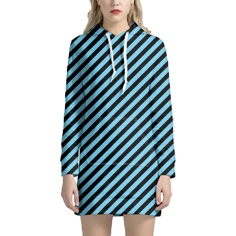 Blue And Black Stripes Pattern Print Pullover Hoodie Dress