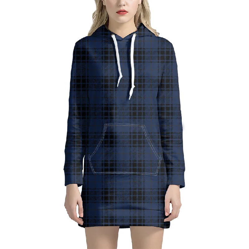 Blue And Black Tartan Pattern Print Pullover Hoodie Dress