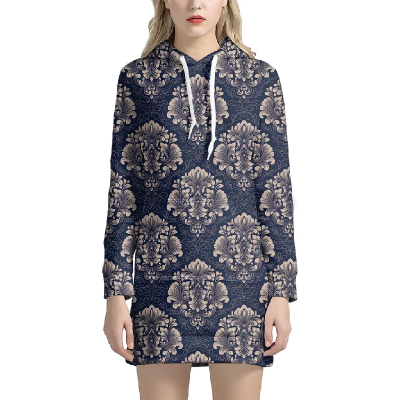 Blue And Brown Damask Pattern Print Pullover Hoodie Dress