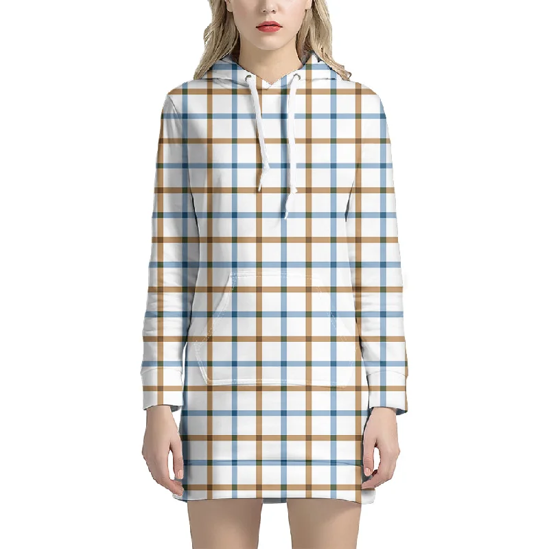 Blue And Brown Tattersall Pattern Print Pullover Hoodie Dress