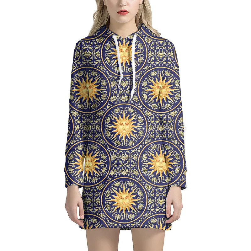 Blue And Gold Celestial Pattern Print Pullover Hoodie Dress