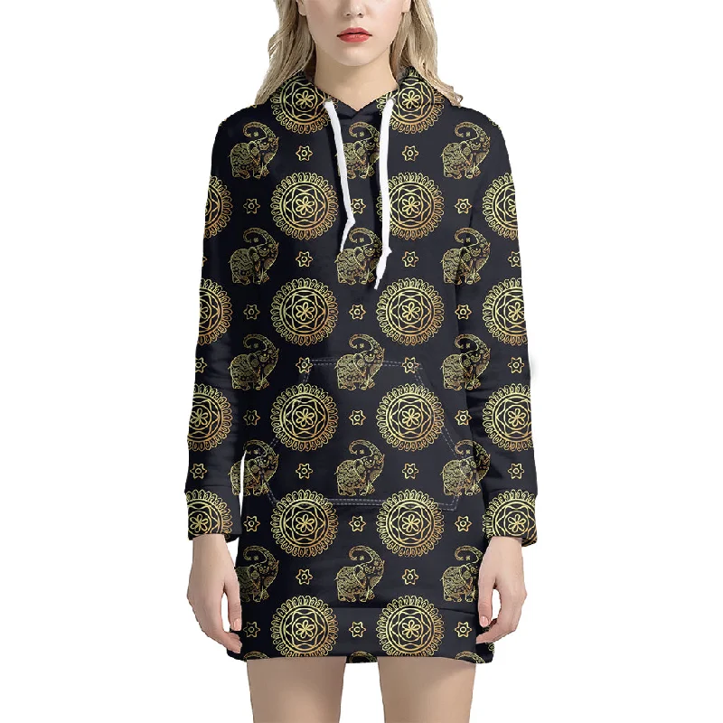 Blue And Gold Tribal Elephant Print Pullover Hoodie Dress
